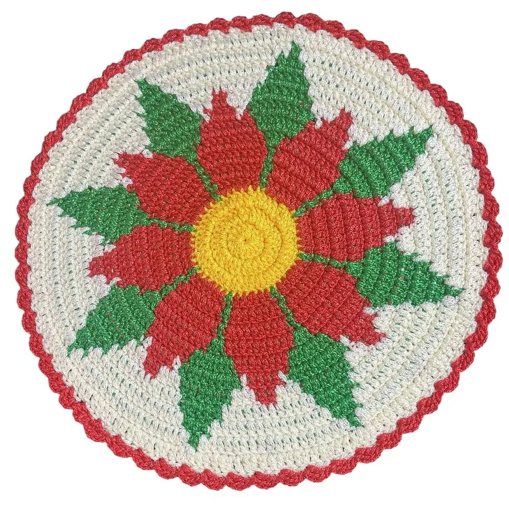 Set of 4 Handmade Crochet Floral Placemats Round Red Cream Green 13